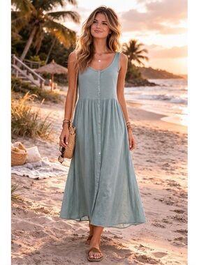 Frye Button Front Easy Midi Dress Sage Green Size XXL